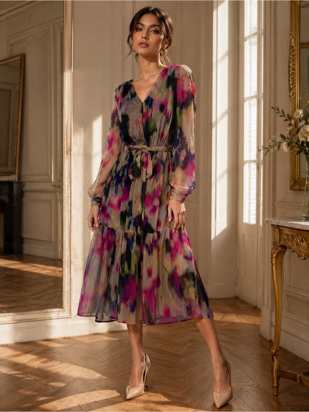 DKNY Watercolor Chiffon Midi Dress – NWT